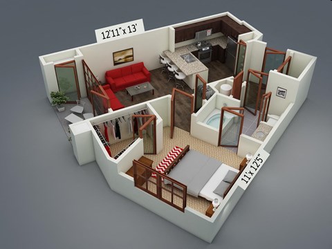 Floor plan for 1 bed, 1 bath, 678 sqft