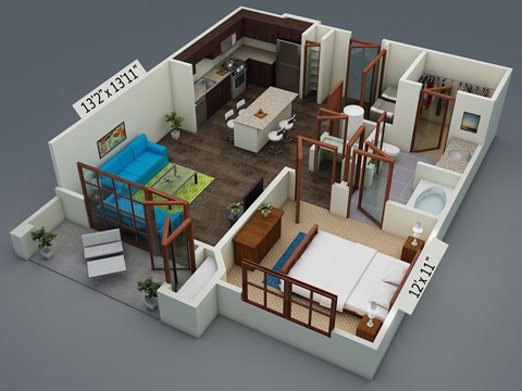 Floor plan for 1 bed, 1 bath, 692 sqft