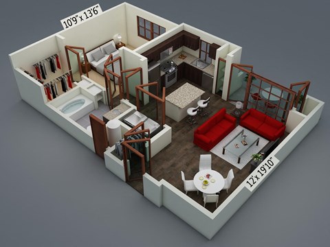 Floor plan for 1 bed, 1 bath, 728 sqft