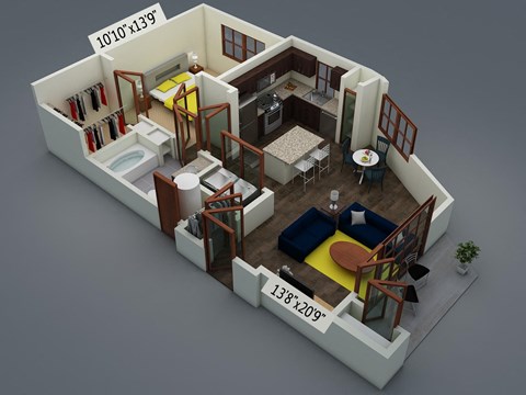 Floor plan for 1 bed, 1 bath, 741 sqft