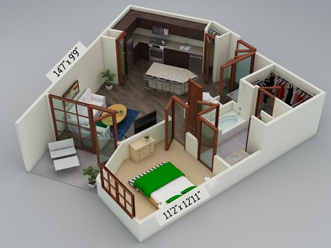 Floor plan for 1 bed, 1 bath, 732 sqft