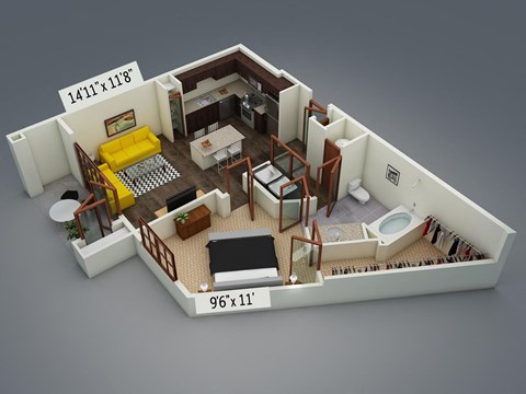 Floor plan for 1 bed, 1 bath, 790 sqft