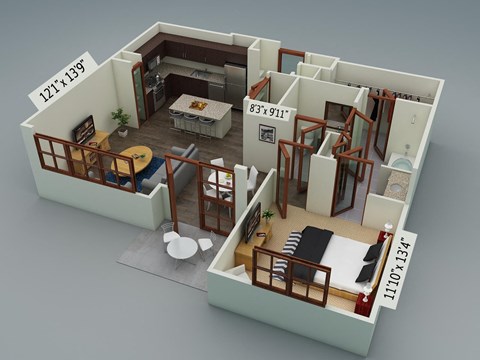 Floor plan for 1 bed, 1 bath, 870 sqft