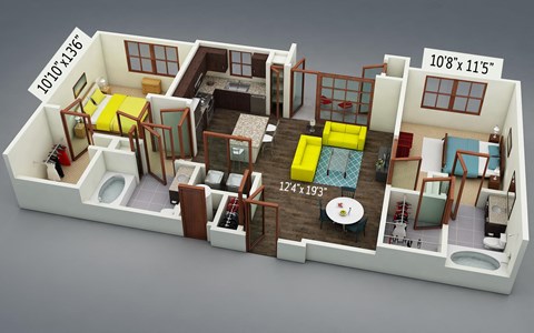 Floor plan for 2 beds, 2 baths, 973 sqft