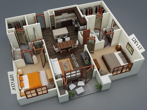 Floor plan for 2 beds, 2 baths, 1135 sqft