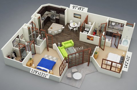 Floor plan for 2 beds, 2 baths, 1156 sqft