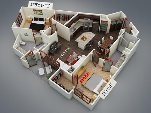 Floor plan for 2 beds, 2 baths, 1207 sqft