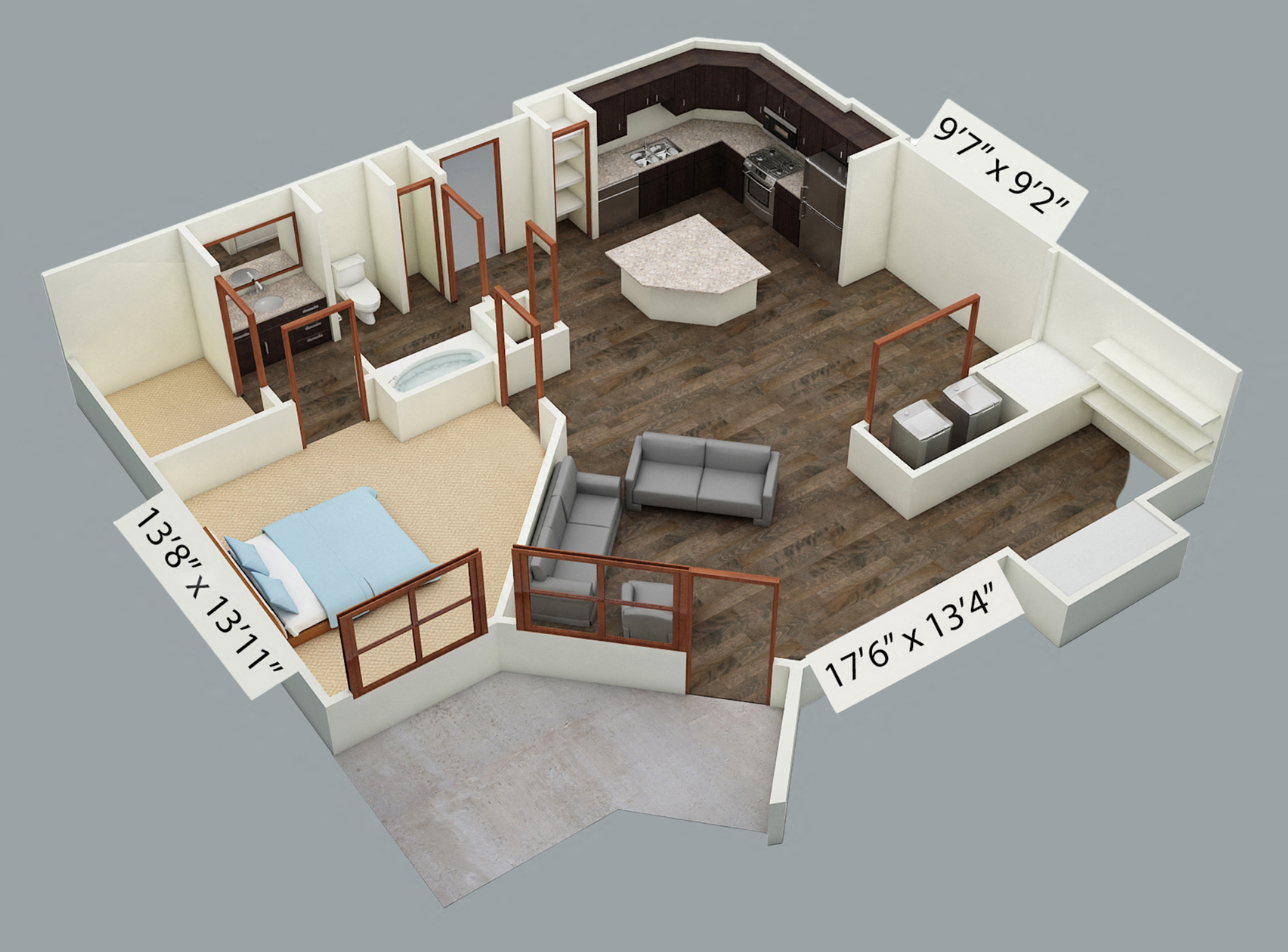 Floor plan for 1 bed, 1 bath, 924 sqft