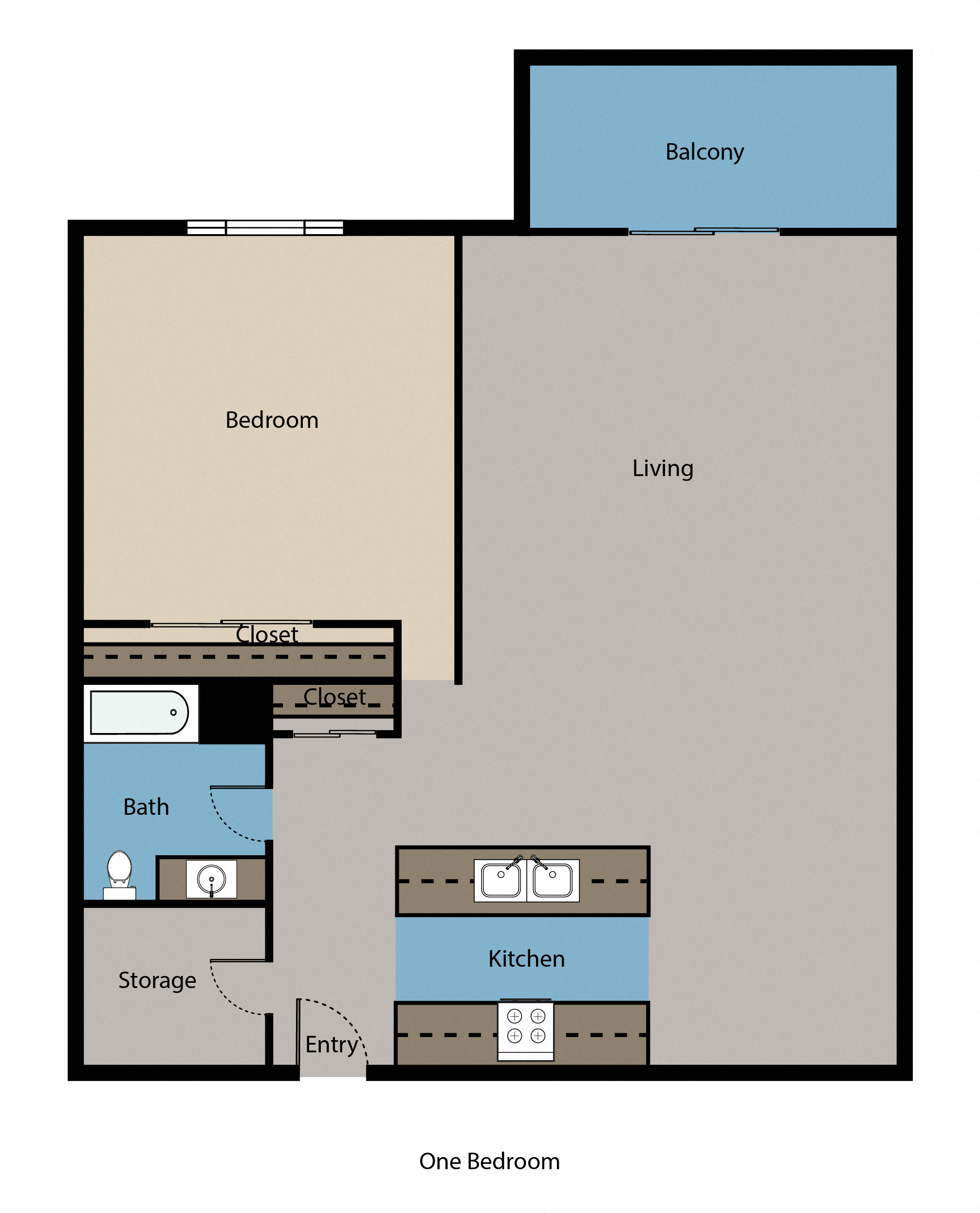 Floor plan for 1 bed, 1 bath, 800 sqft