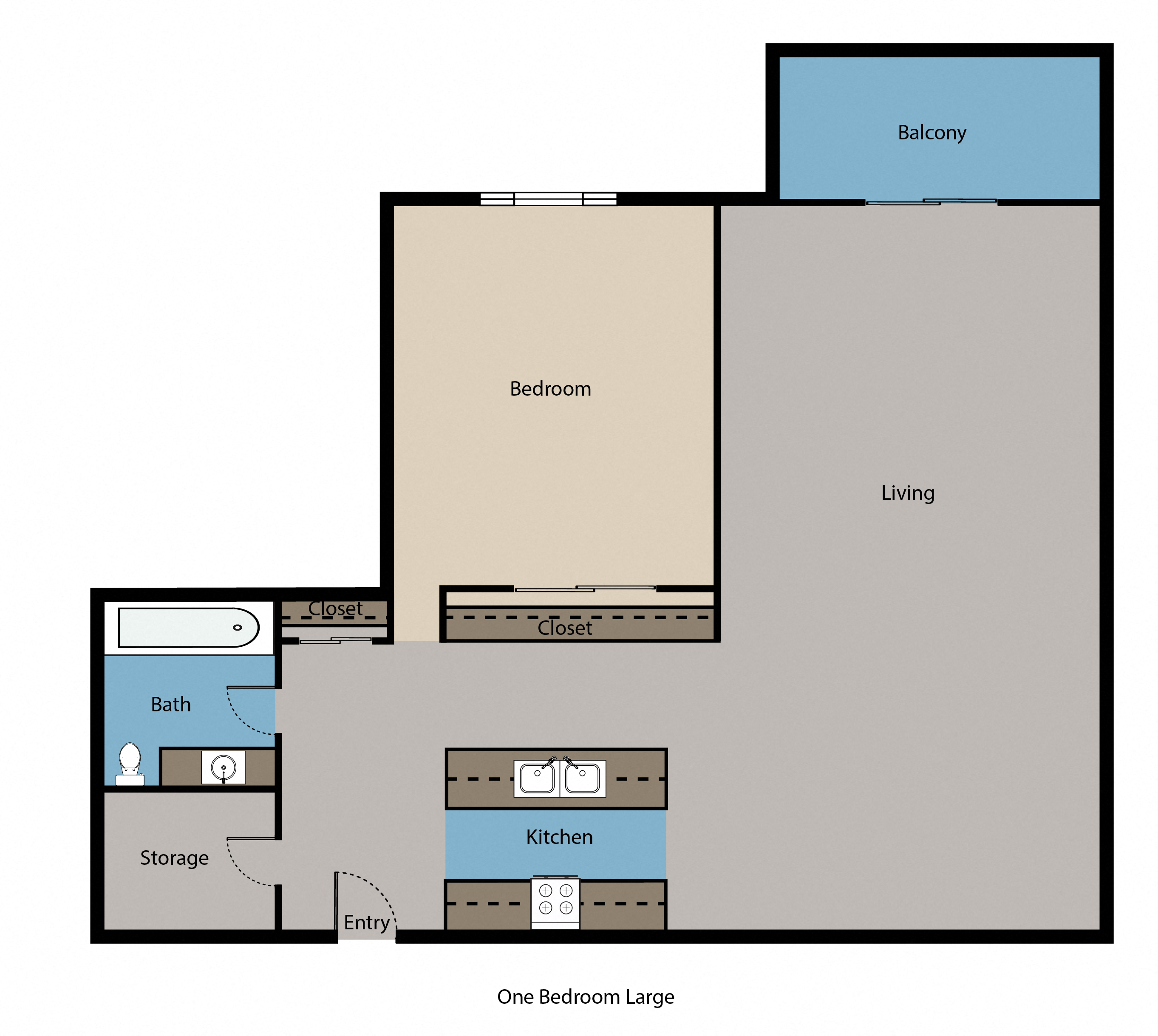 Floor plan for 1 bed, 1 bath, 900 sqft