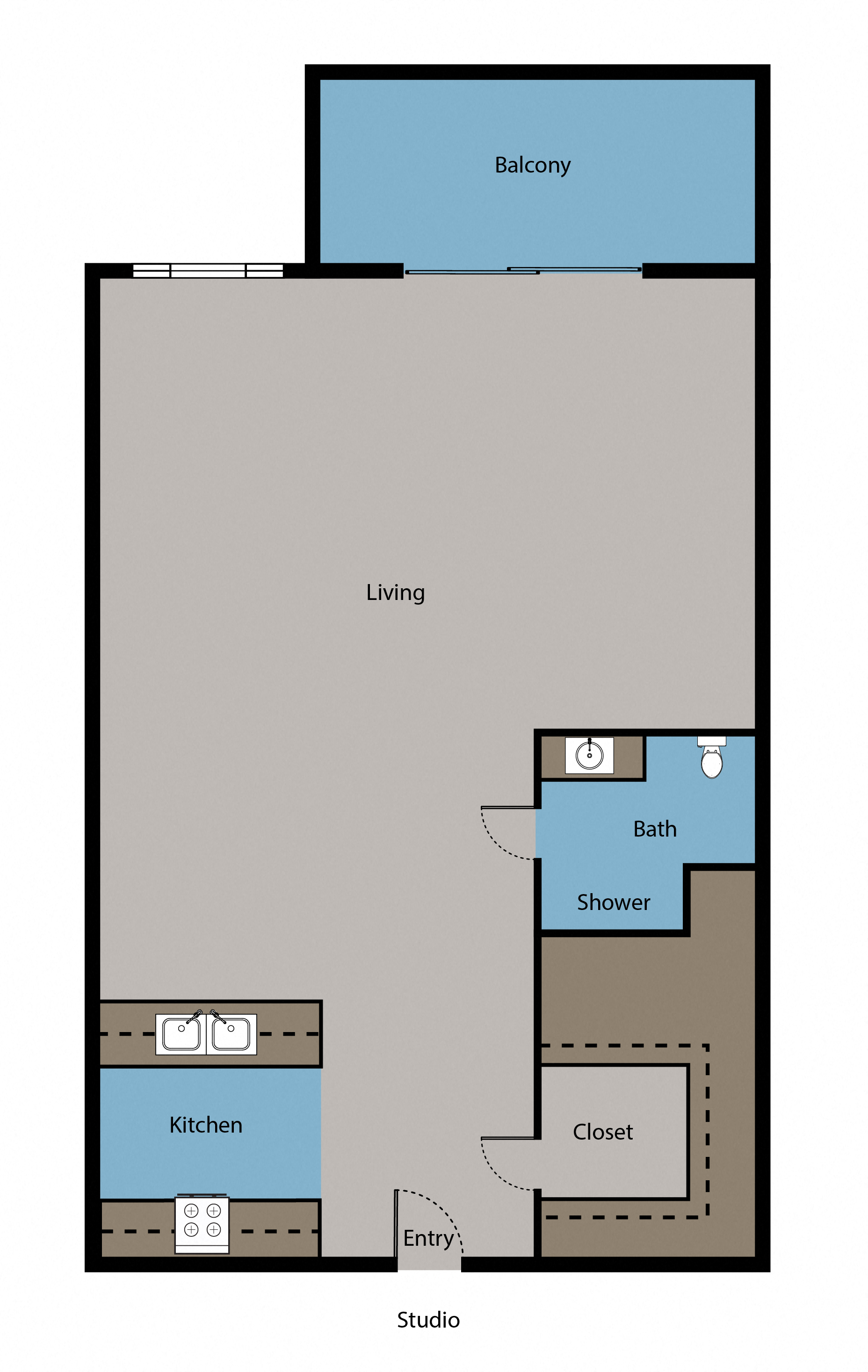 Floor plan for studio, 1 bath, 575 sqft