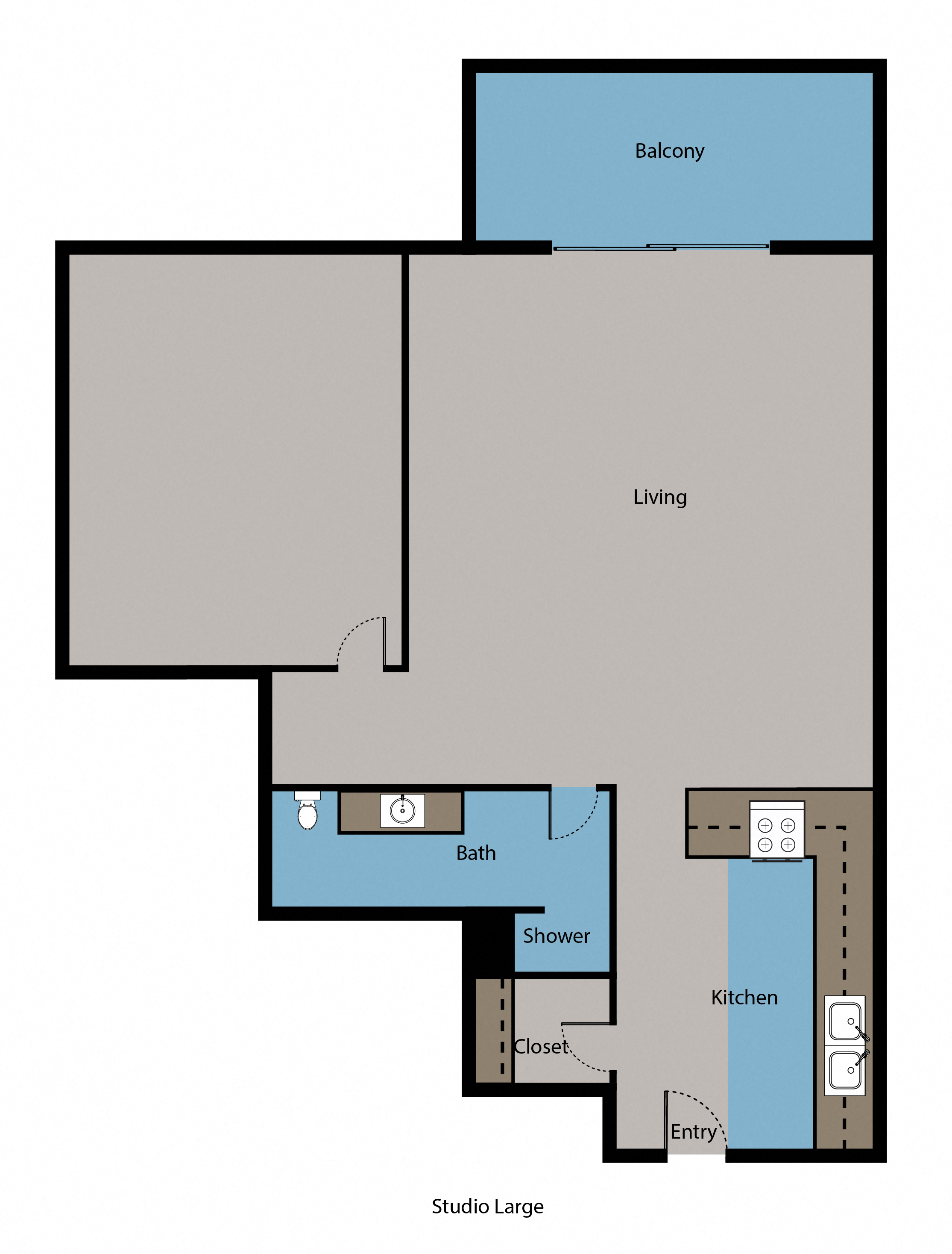 Floor plan for 1 bed, 1 bath, 575 sqft