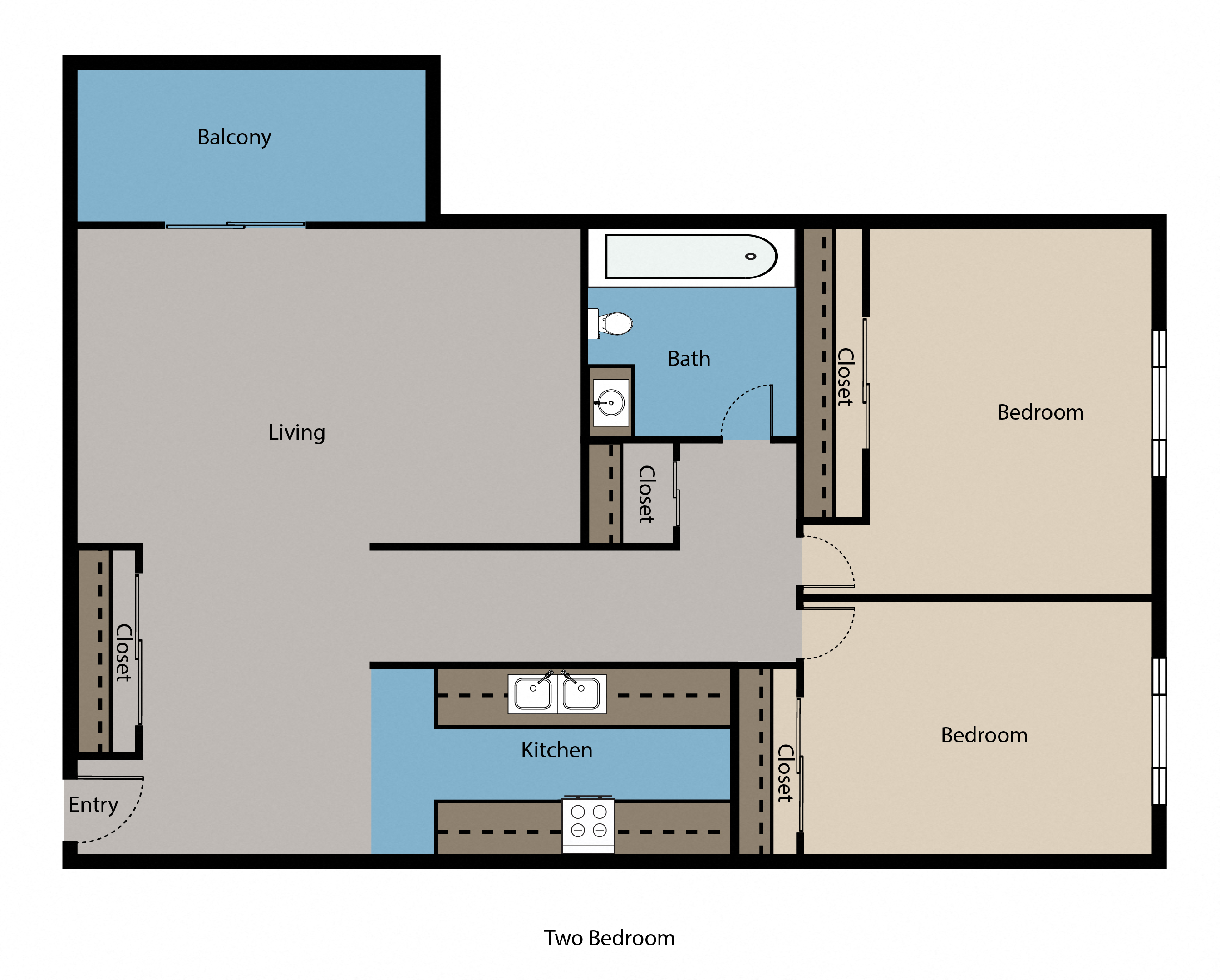 Floor plan for 2 beds, 1 bath, 1100 sqft