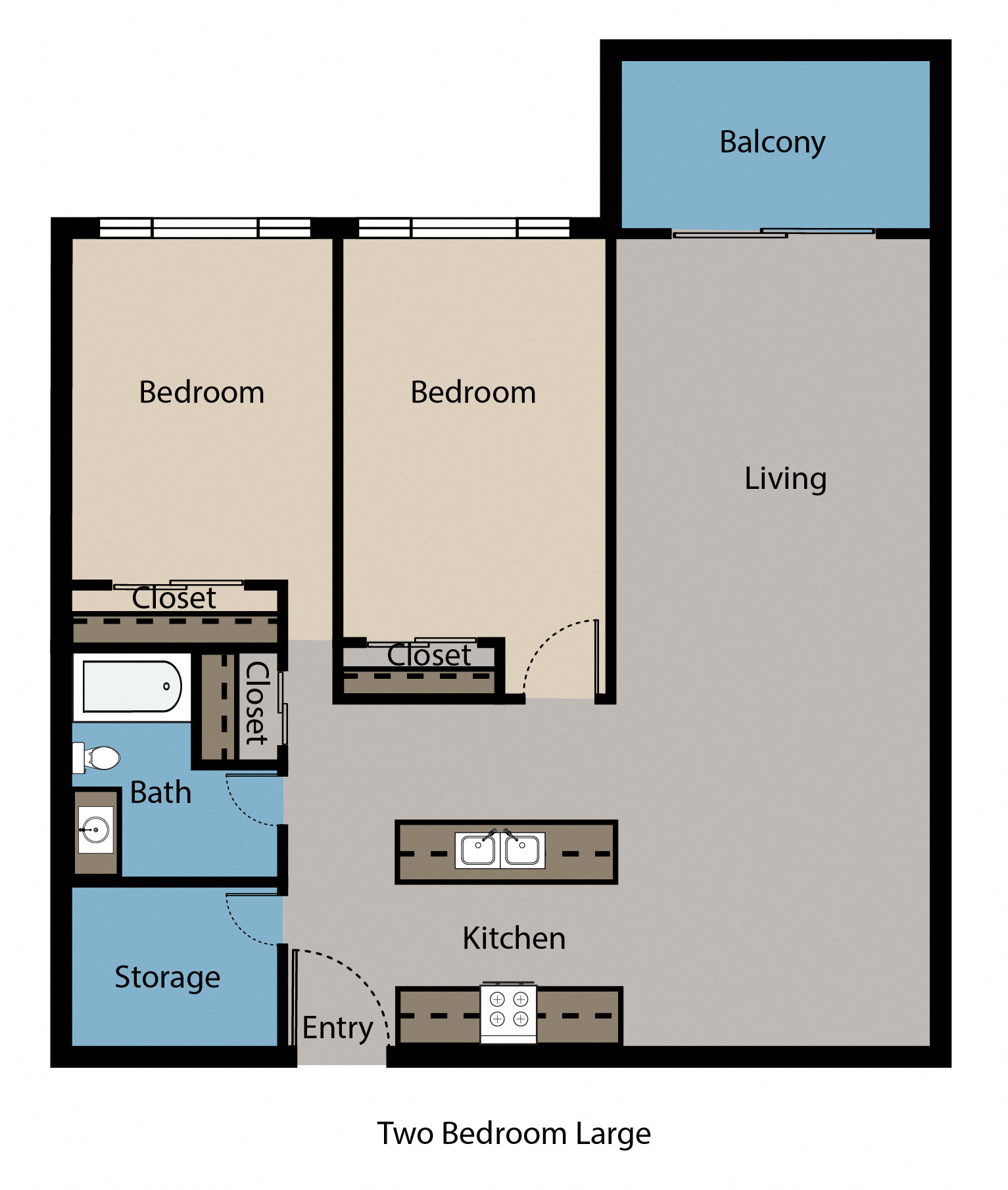Floor plan for 2 beds, 1 bath, 1100 sqft