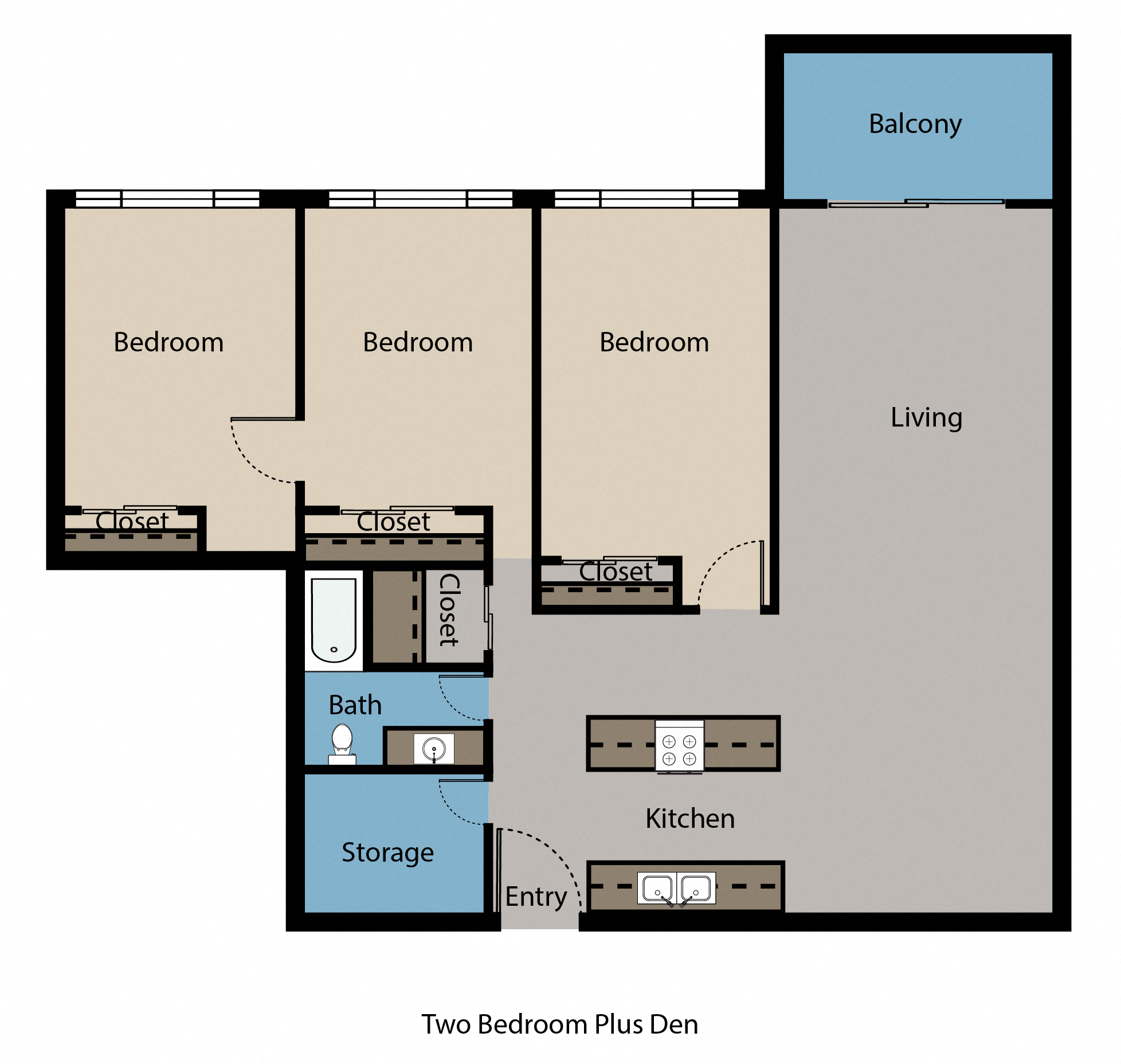 Floor plan for 2 beds, 1 bath, 1150 sqft