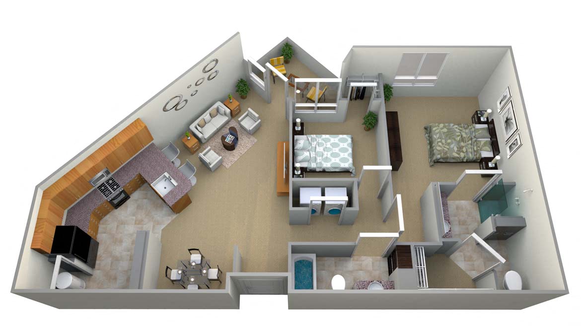 Floor plan for 2 beds, 2 baths, 1270 sqft