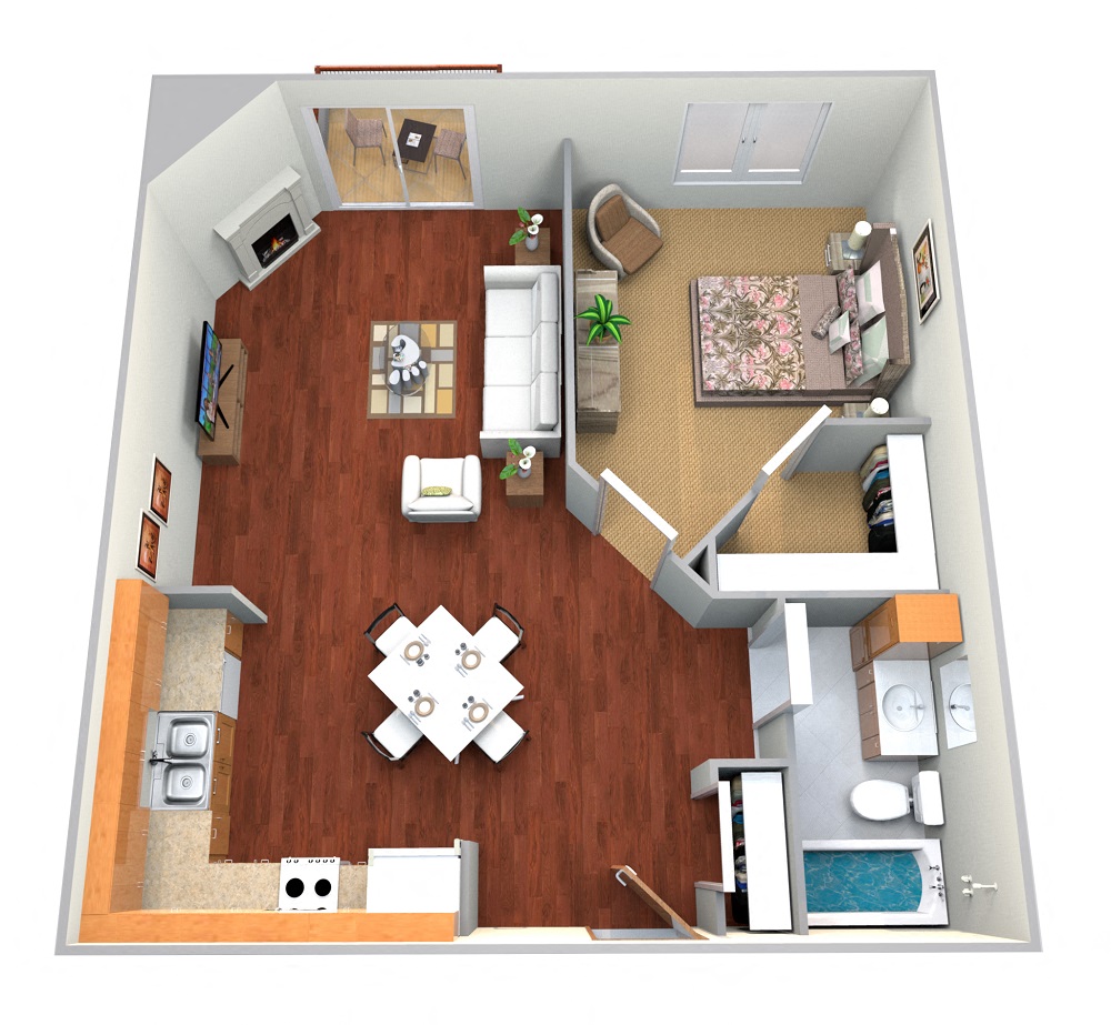 Floor plan for 1 bed, 1 bath, 715 sqft