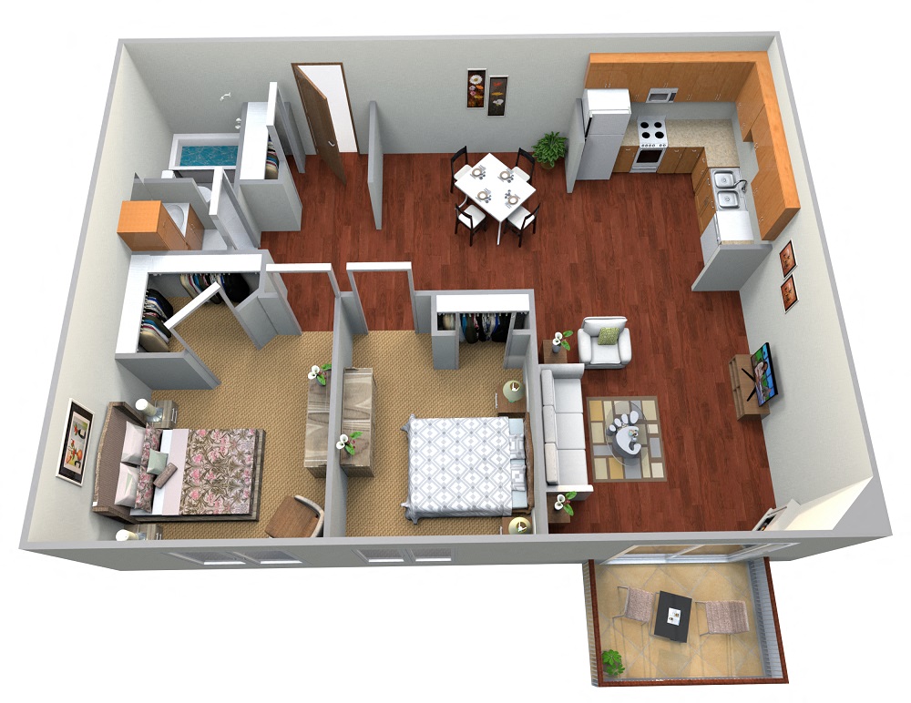 Floor plan for 2 beds, 1 bath, 972 sqft