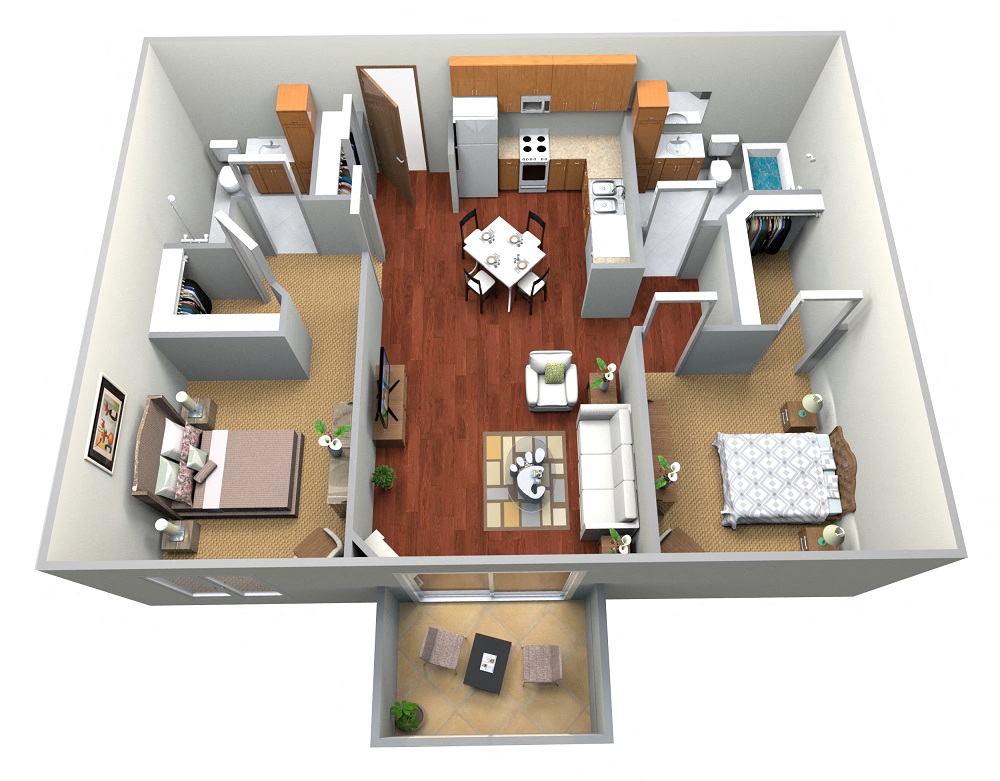 Floor plan for 2 beds, 2 baths, 1227 sqft
