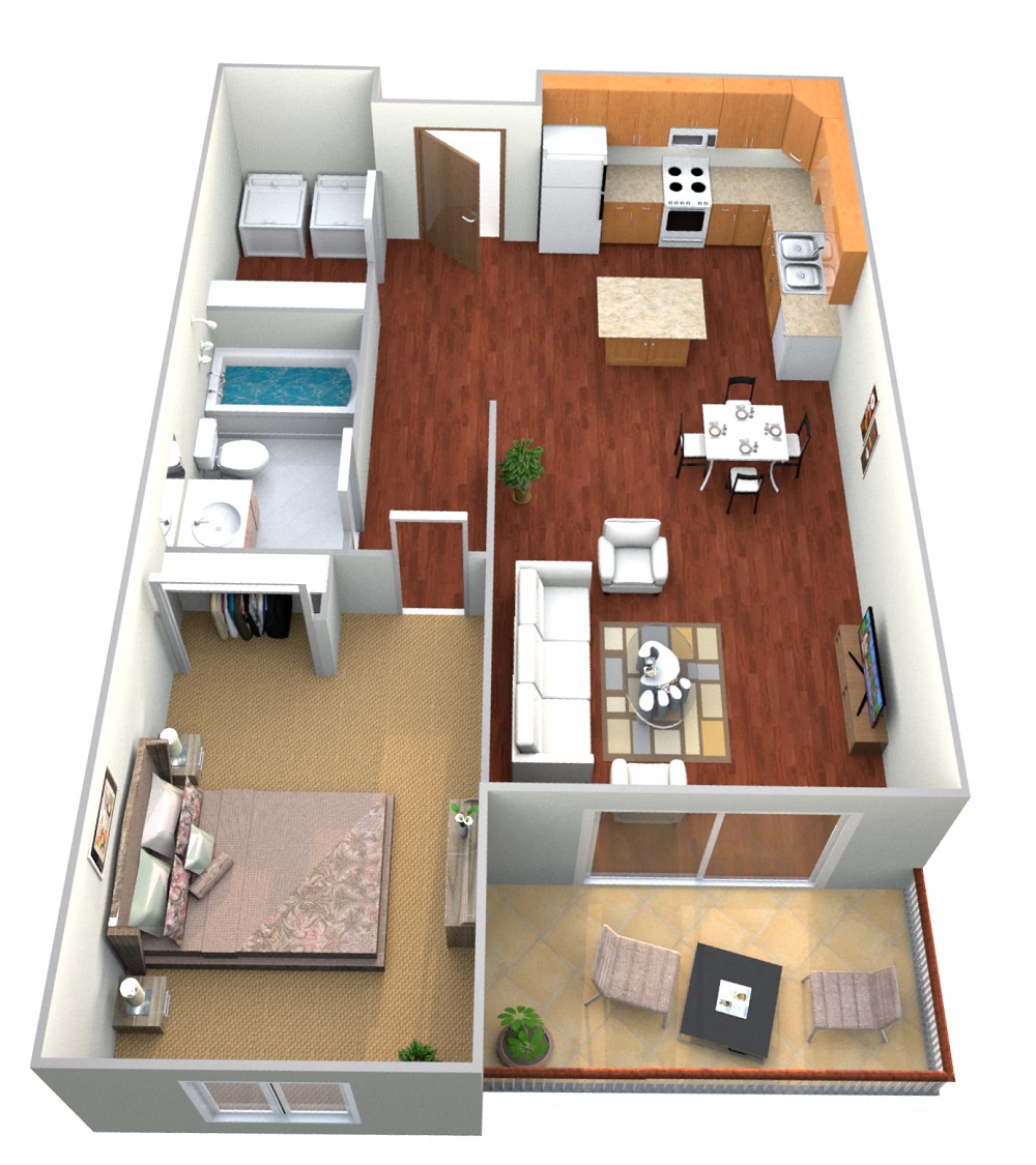 Floor plan for 1 bed, 1 bath, 765 sqft