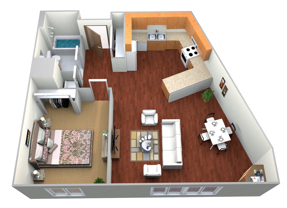 Floor plan for 1 bed, 1 bath, 887 sqft