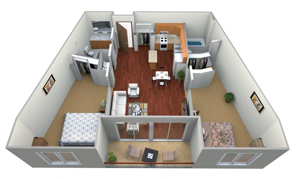 Floor plan for 2 beds, 2 baths, 1364 sqft