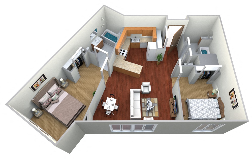 Floor plan for 2 beds, 2 baths, 1364 sqft