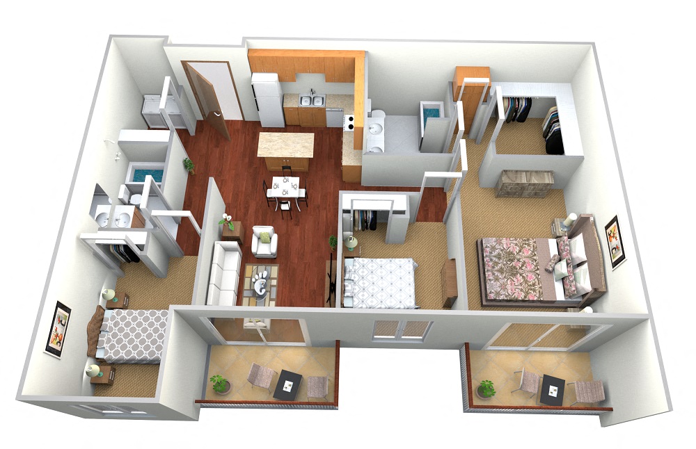 Floor plan for 3 beds, 2 baths, 1447 sqft