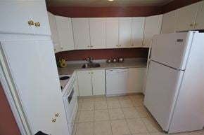 Ottawa apartment for rent - a kitchen with white cabinets and a refrigerator and a sink