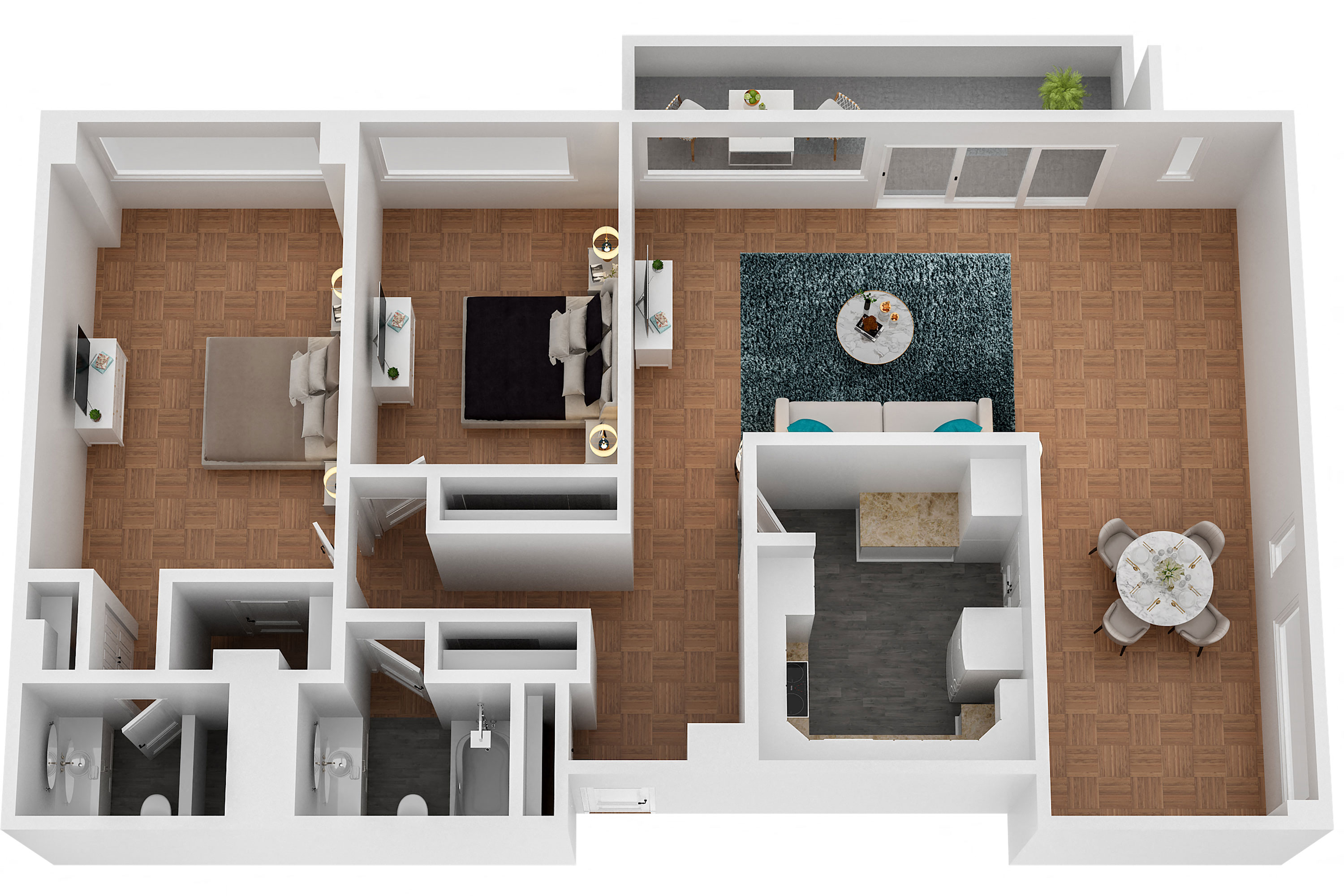 Floor plan for 2 beds, 2 baths
