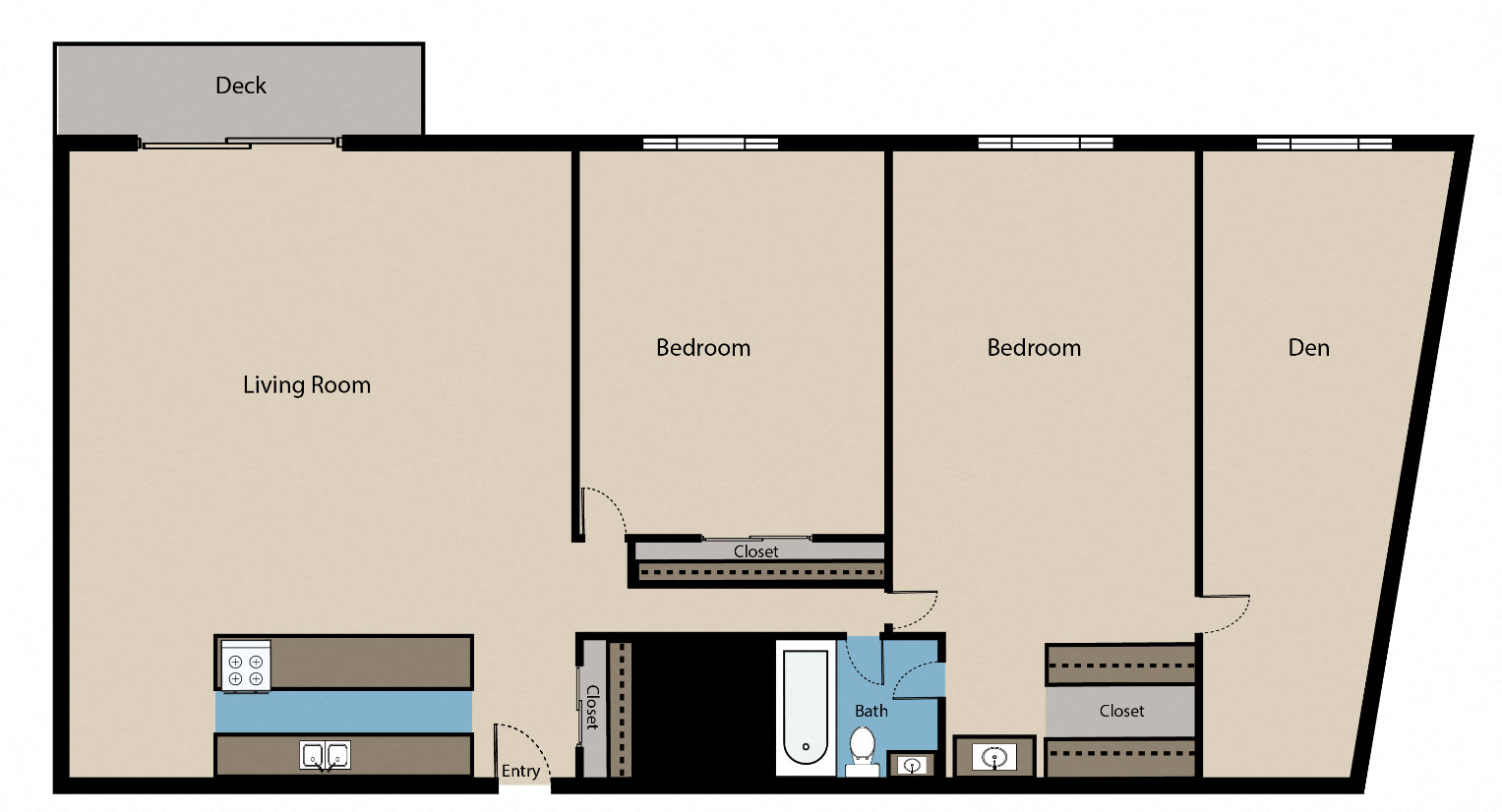 Floor plan for 2 beds, 1 bath, 1100 sqft