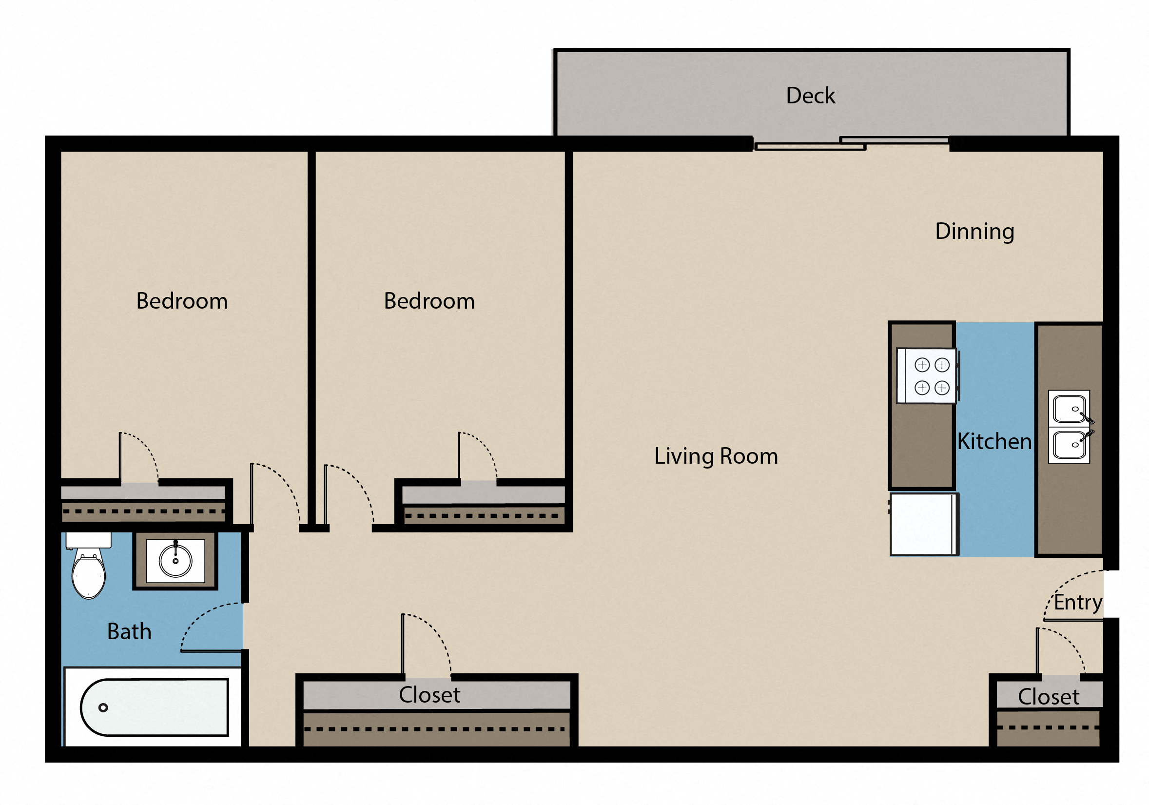 Floor plan for 2 beds, 1 bath, 900 sqft