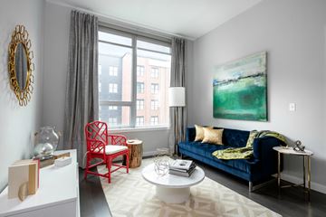 New Orleans apartment for rent - a living room with a blue couch and a large window