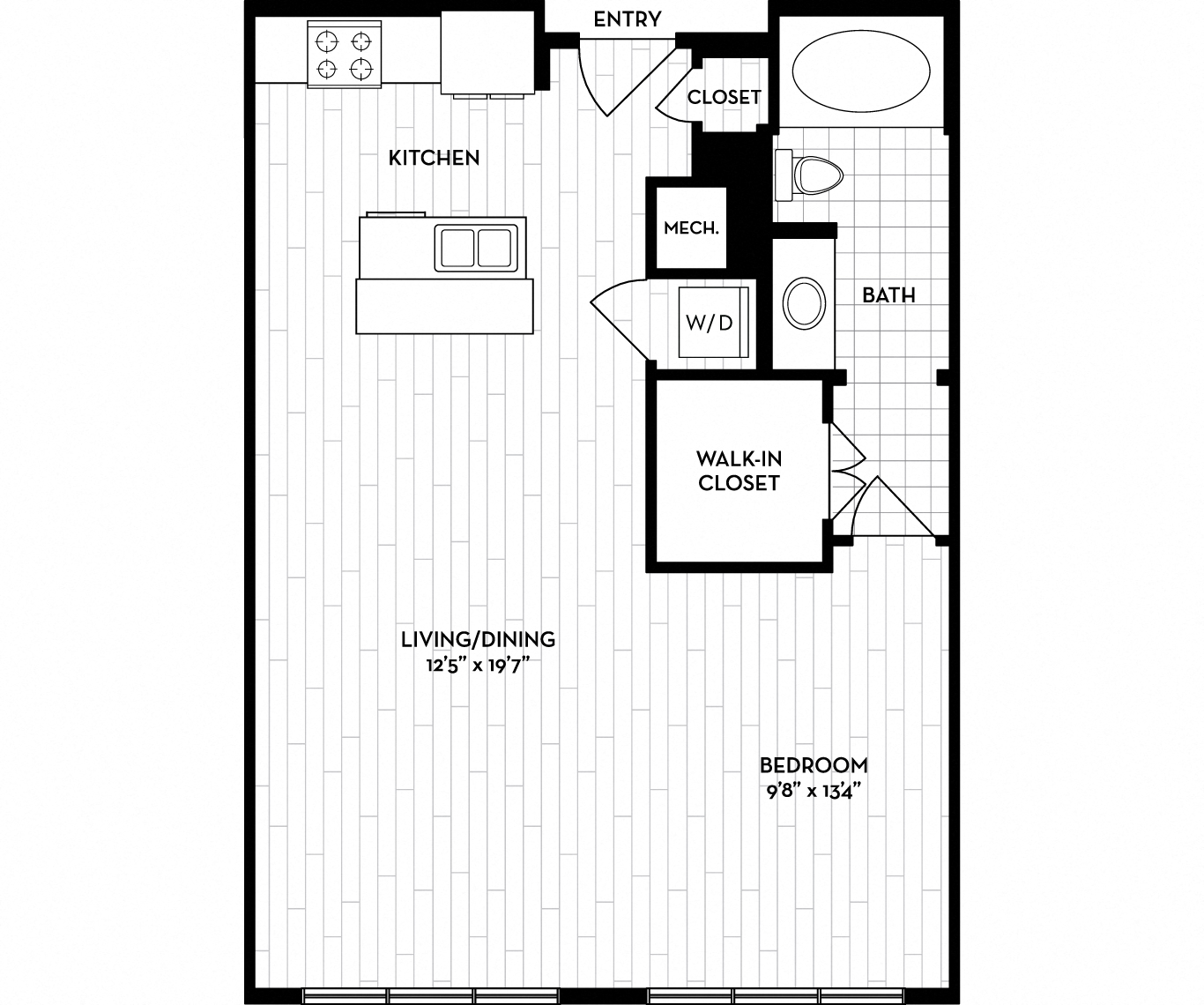 Floor plan for studio, 1 bath, 680 sqft
