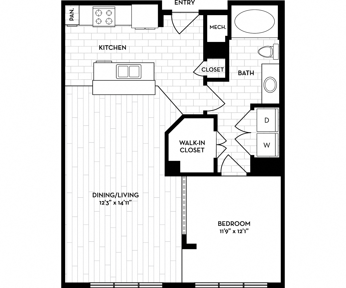 Floor plan for 1 bed, 1 bath, 860 sqft