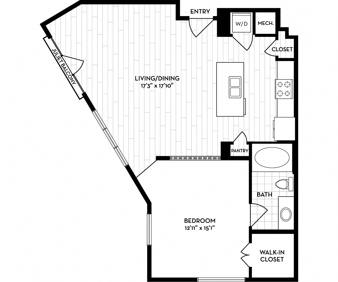 Floor plan for 1 bed, 1 bath, 865 sqft