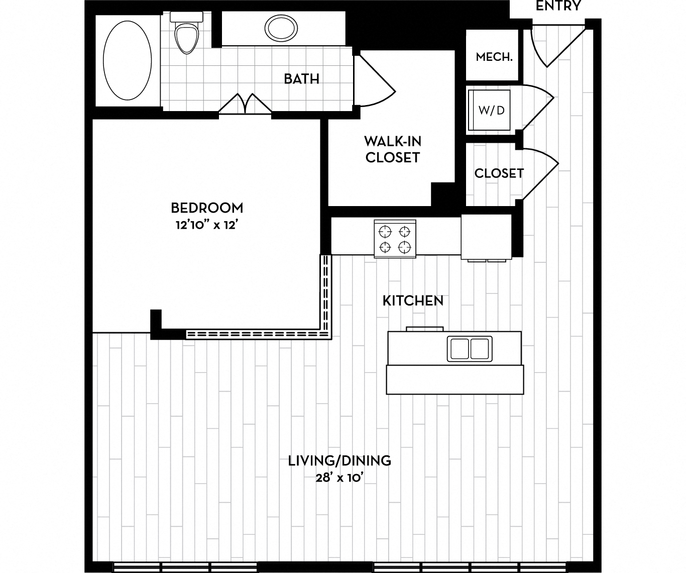 Floor plan for 1 bed, 1 bath, 863 sqft