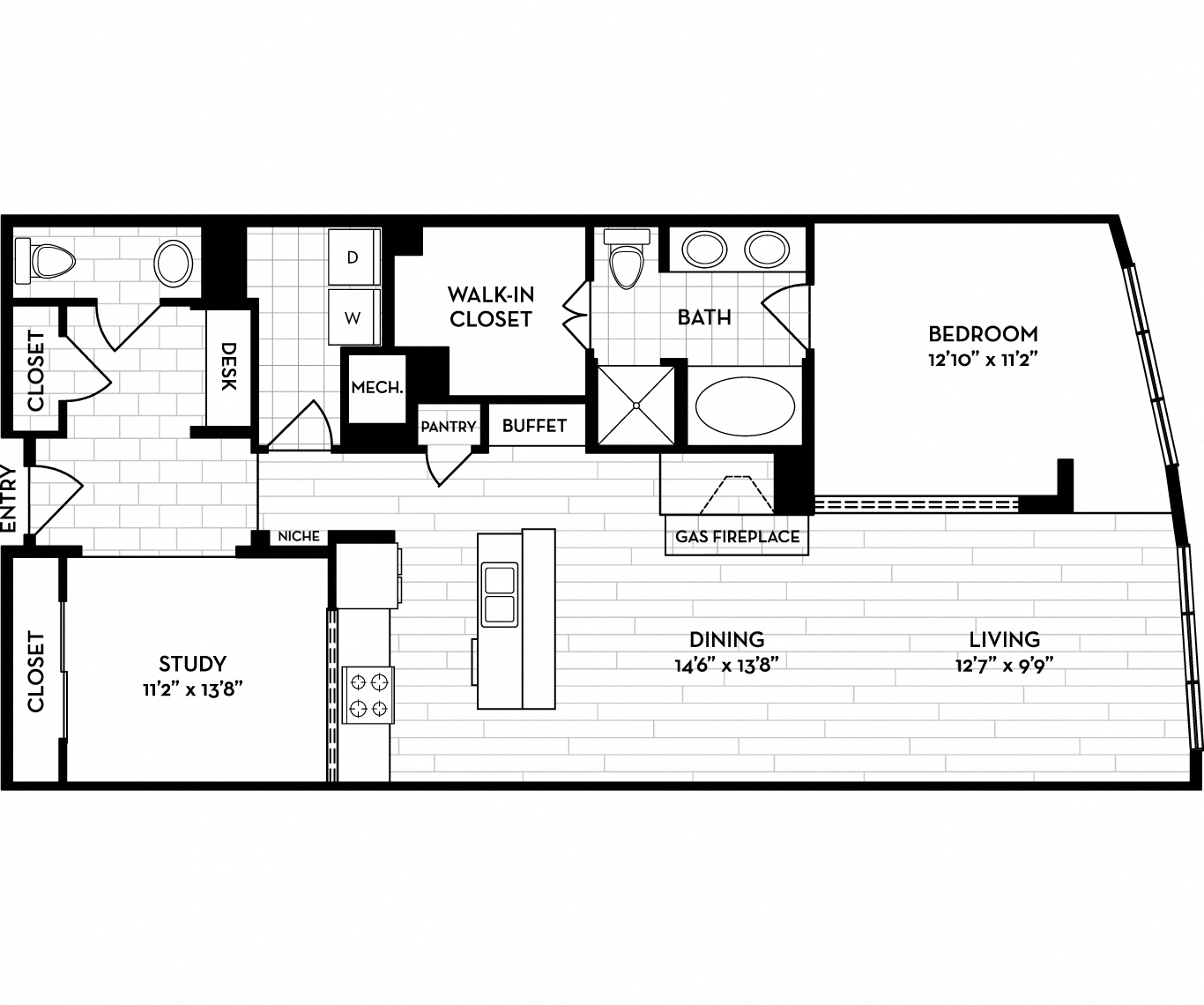 Floor plan for 1 bed, 1 bath, 1464 sqft