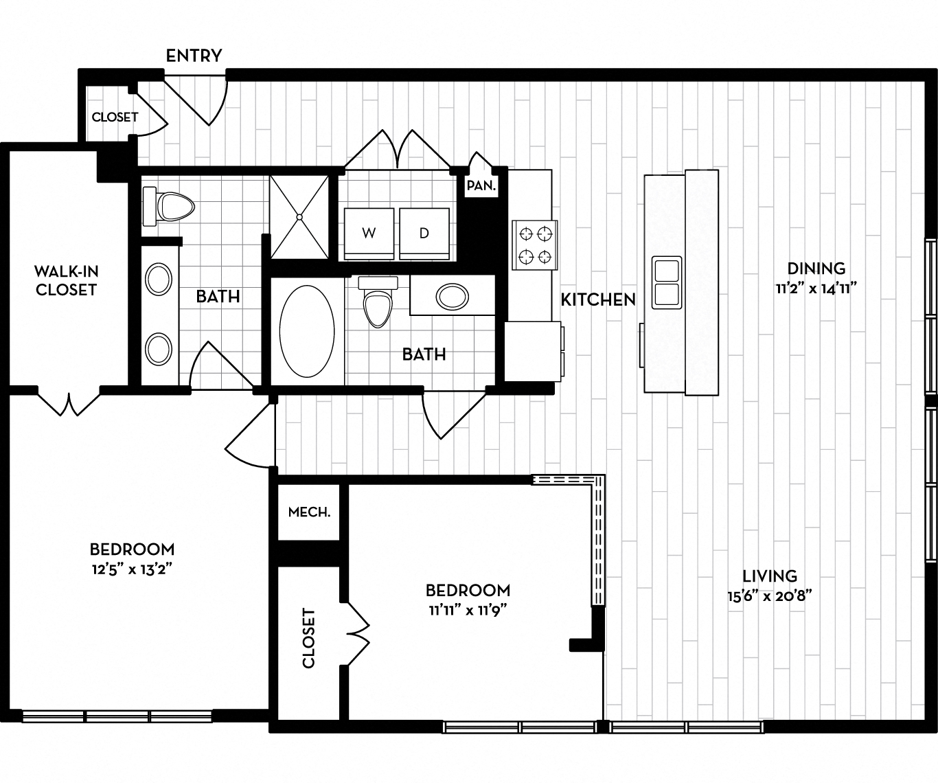 Floor plan for 2 beds, 2 baths, 1361 sqft