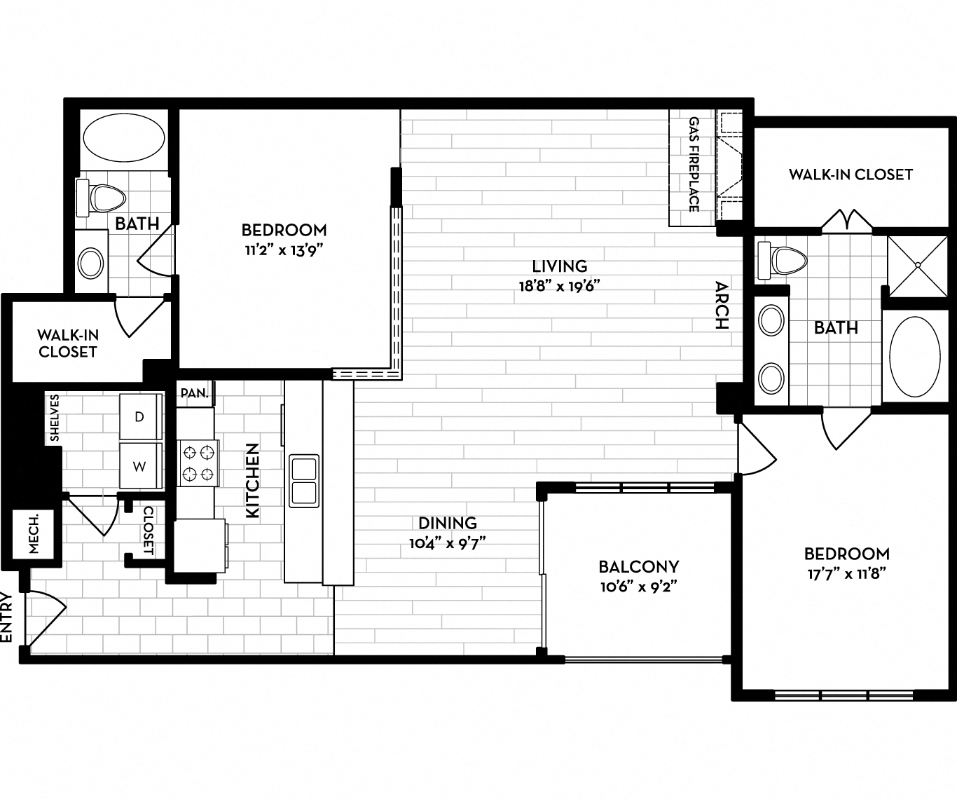 Floor plan for 2 beds, 2 baths, 1491 sqft