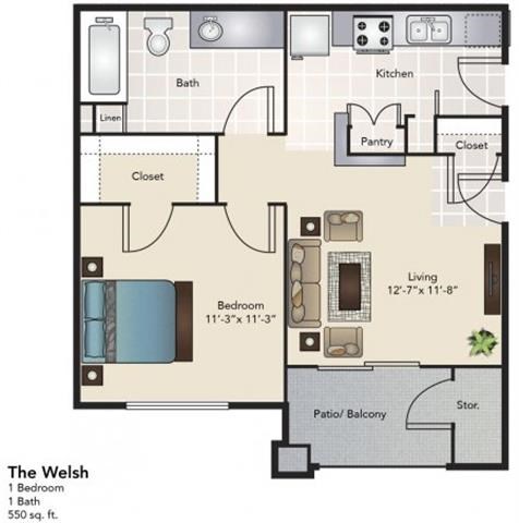 Floor plan for 1 bed, 1 bath, 550 sqft