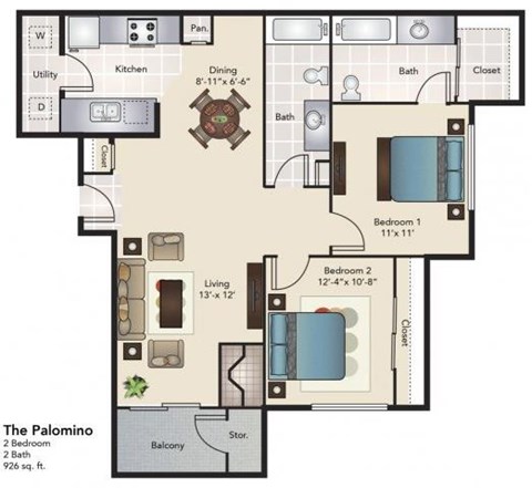Floor plan for 2 beds, 2 baths, 926 sqft