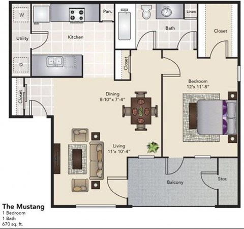 Floor plan for 1 bed, 1 bath, 670 sqft