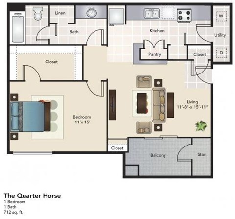 Floor plan for 1 bed, 1 bath, 712 sqft
