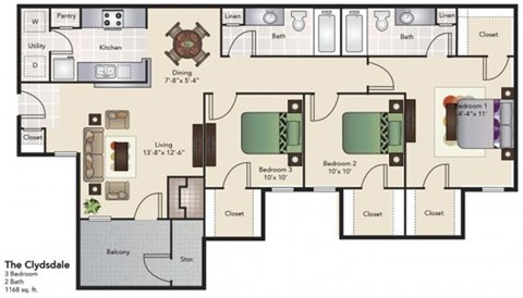 Floor plan for 3 beds, 2 baths, 1168 sqft