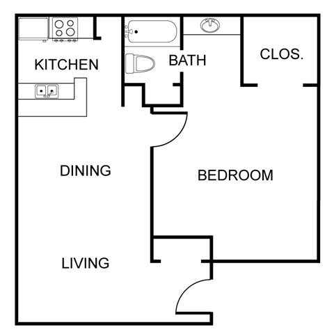 Floor plan for 1 bed, 1 bath, 583 sqft