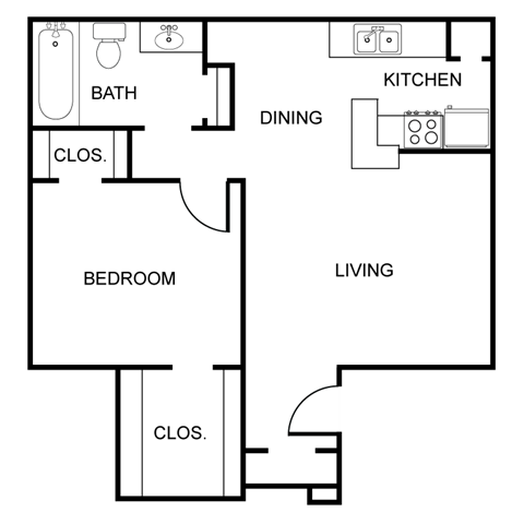 Floor plan for 1 bed, 1 bath, 644 sqft