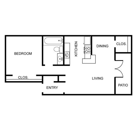 Floor plan for 1 bed, 1 bath, 672 sqft