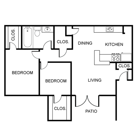 Floor plan for 2 beds, 1 bath, 845 sqft