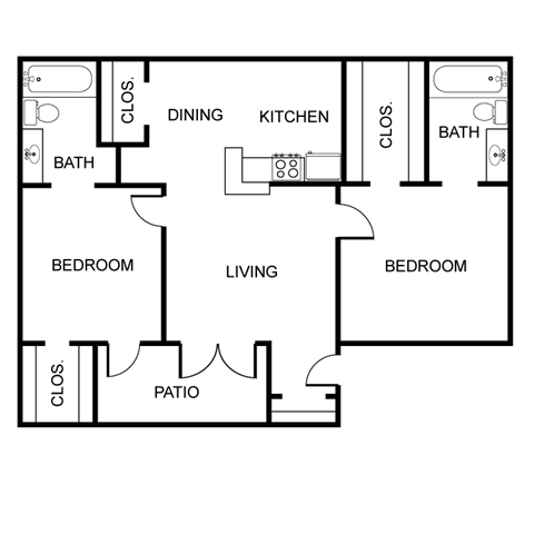 Floor plan for 2 beds, 2 baths, 991 sqft